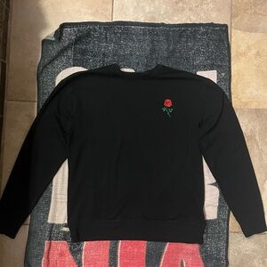 Black Crewneck Sweatshirt with Red Rose Embroidery
